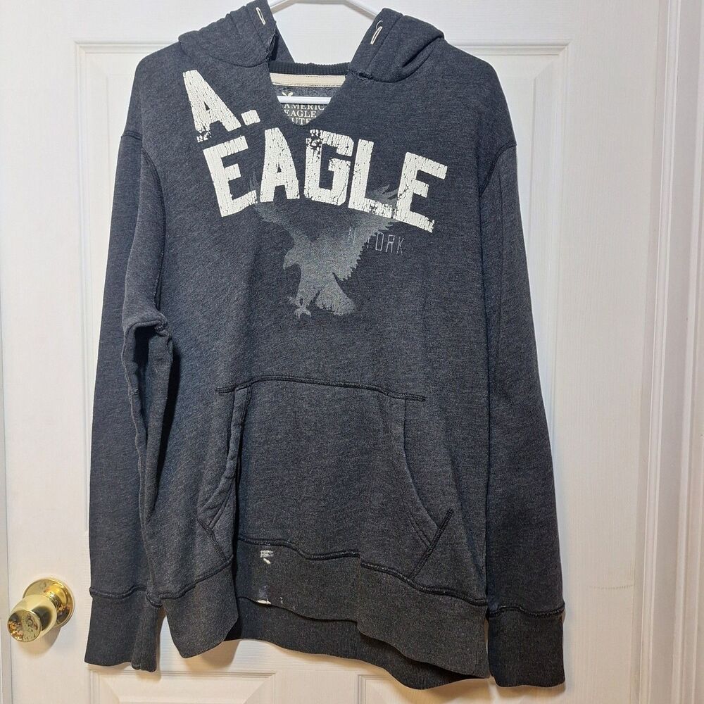 American Eagle Vintage Y2K Blue Logo Graphic Spell Out Hoodie Sweatshirt Size L